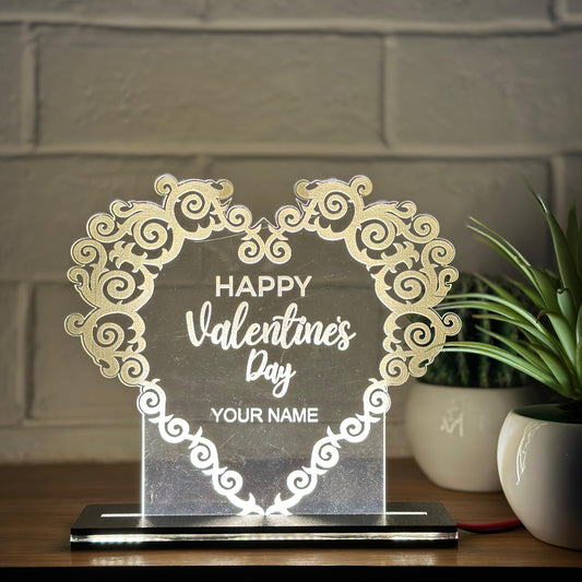 LED Lamp with Custom Message Engraved on Acrylic | Happy Valentines Day Floral Heart Shaped Lamp